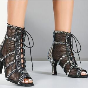 Chic Black Rhinestone Lace-Up Heels